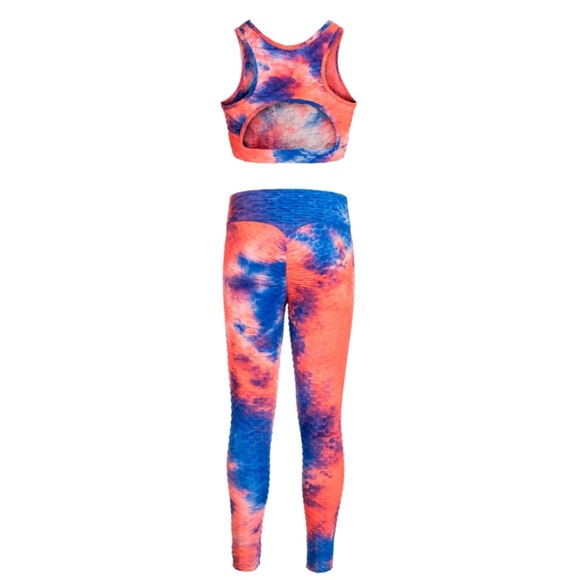 TIE-DYE WOMEN’S PRINT CUT OUT HONEYCOMB CROP TANK AND RUCHED LEGGINGS SET - Picture 3 of 3